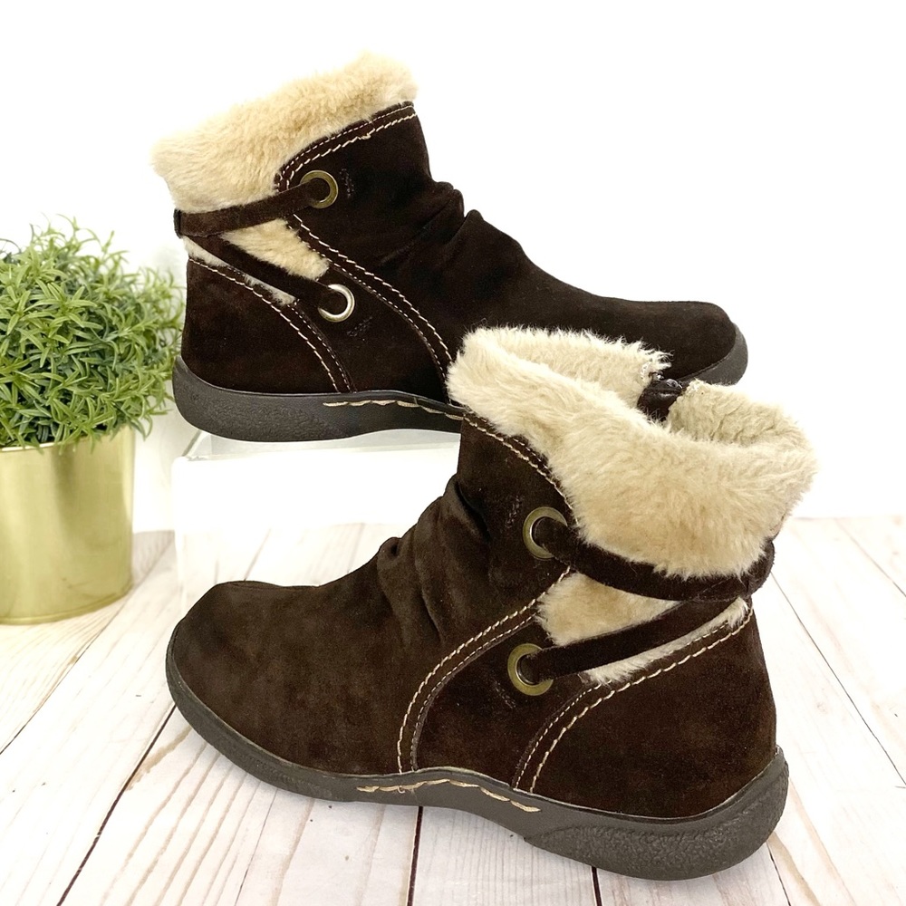 EUC Bare Traps Womens Leanna Leather Suede Ankle Boots Faux Fur Zips 10 M